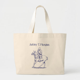Stylised Polo Player on Horse Drawing #2 Blue Large Tote Bag