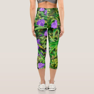 Stylised Purple Blue Flowers Floral Capri Leggings