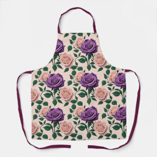 Stylised Purple Roses With Green Accents Apron