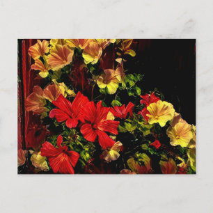 Stylised red and yellow flowers postcard