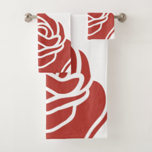 Stylised Red Rose On White Bath Towel Set