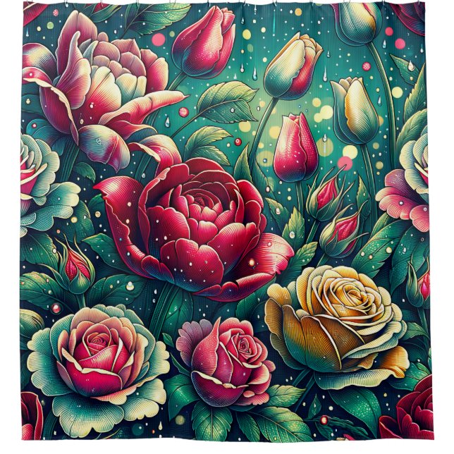 “Stylised Red Roses with Raindrops" Shower Curtain (Front)
