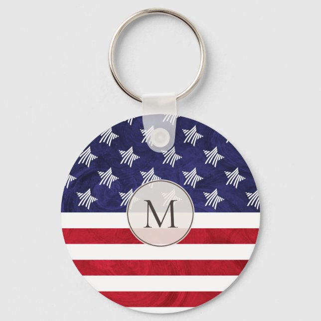Stylised red white blue American flag monogrammed Key Ring (Front)