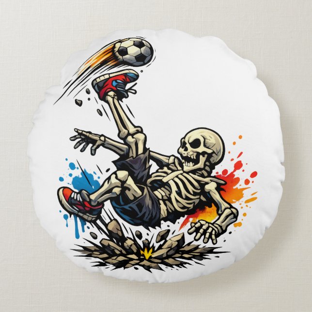 Stylised Skeleton Bicycle Kick Soccer Mug | Funny  Round Cushion (Front)