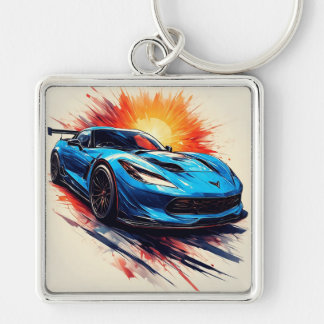 Stylised Sports Car With Dynamic Brushstrokes Key Ring