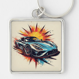 Stylised Sports Car With Dynamic Brushstrokes Key Ring
