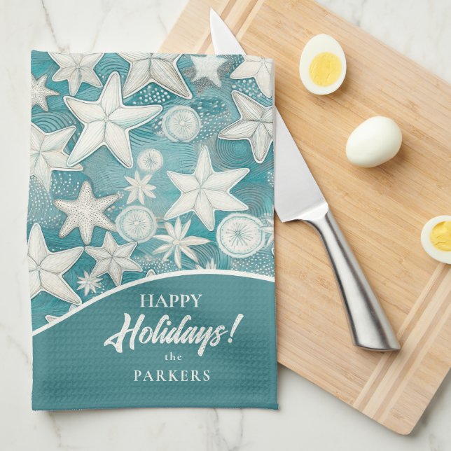 Stylised Starfish & Sand Dollars Pattern#25 ID1009 Tea Towel (Quarter Fold)
