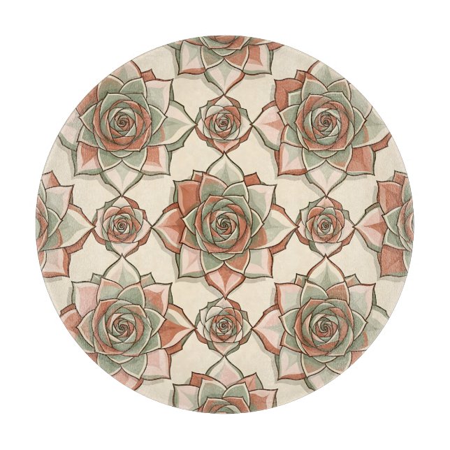 Stylised Succulent Rose Pattern Pink Sage Cutting Board (Front)