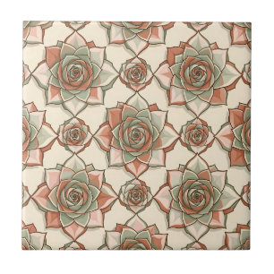 Stylised Succulent Rose Pattern Pink Sage Tile