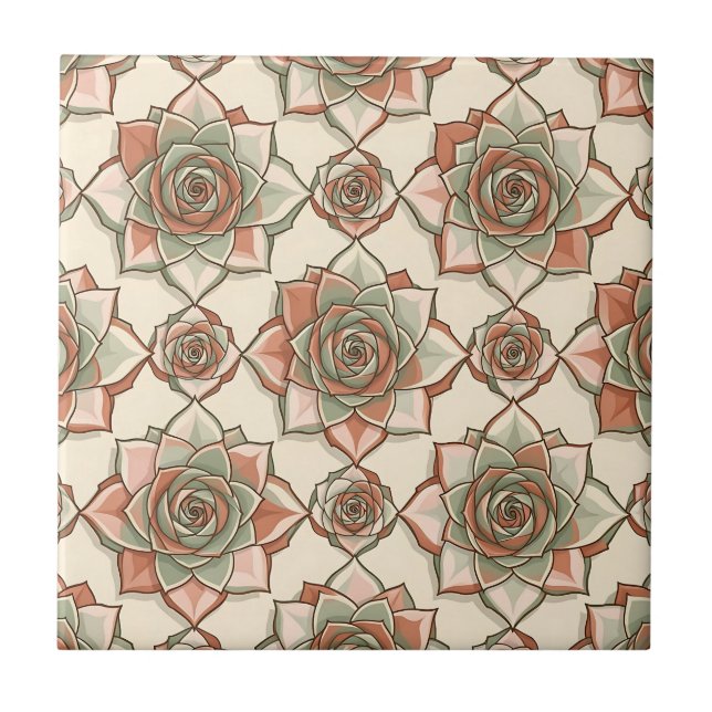 Stylised Succulent Rose Pattern Pink Sage Tile (Front)