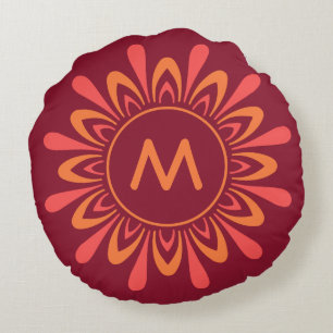 Stylised Sun / Flower Pattern custom monogram Round Cushion