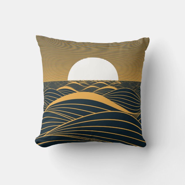 Stylised sun-moon, dark sea illustration. cushion (Front)