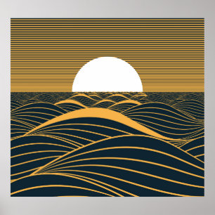 Stylised sun-moon, dark sea illustration. poster
