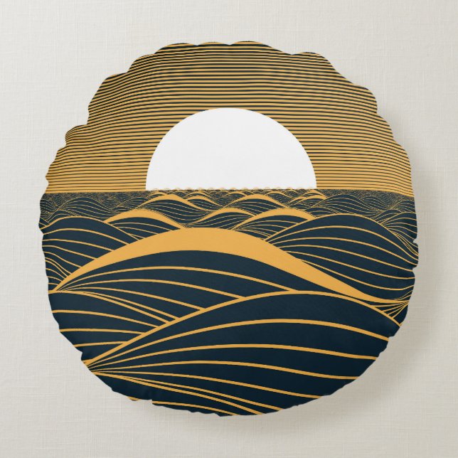 Stylised sun-moon, dark sea illustration. round cushion (Front)