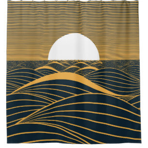 Stylised sun-moon, dark sea illustration. shower curtain