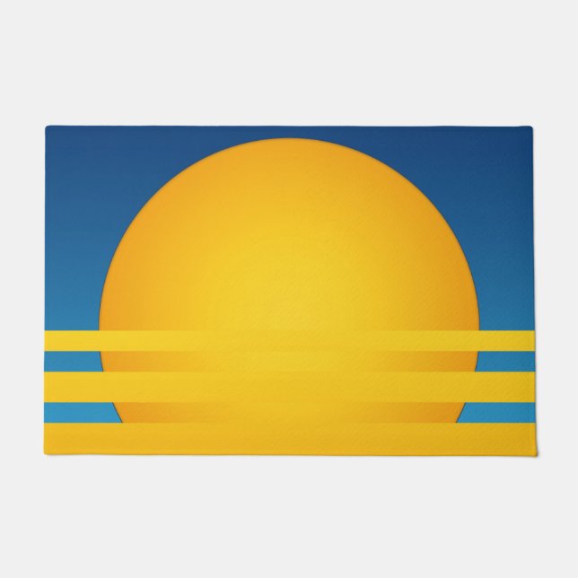 Stylised sunrise, yellow, blue sky, stripes doormat (Front)