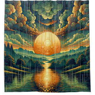 “Stylised Sunset with Reflections of Green & Gold" Shower Curtain