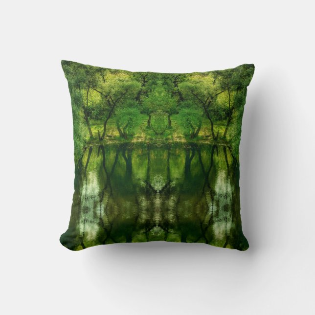 Stylised Super Green Tree Reflections Pillow (Front)
