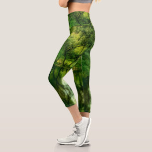 Stylised Super Green Tree Water Reflections Capri Leggings