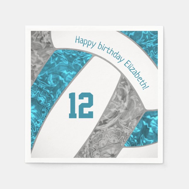 stylised teal grey girls volleyball sports napkin (Front)