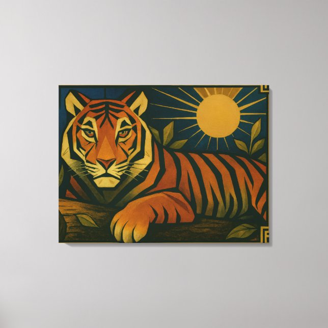 Stylised Tiger in Ornamental Sunburst Frame Canvas Print (Front)