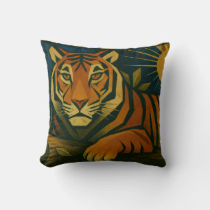 Stylised Tiger in Ornamental Sunburst Frame Cushion