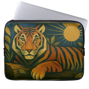 Stylised Tiger in Ornamental Sunburst Frame Laptop Sleeve