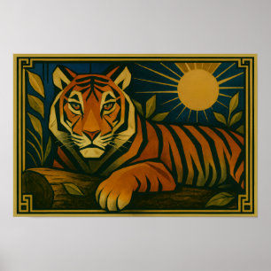 Stylised Tiger in Ornamental Sunburst Frame Poster