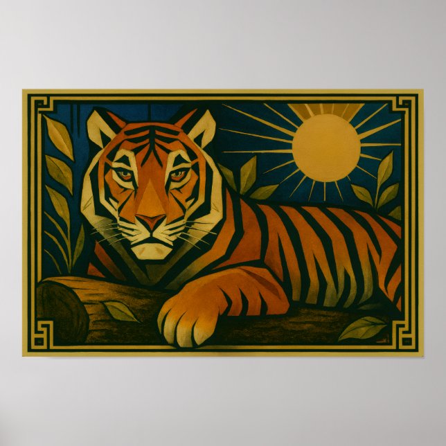 Stylised Tiger in Ornamental Sunburst Frame Poster (Front)