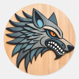 Stylised Tribal Wolf Art With Orange Eyes Classic Round Sticker