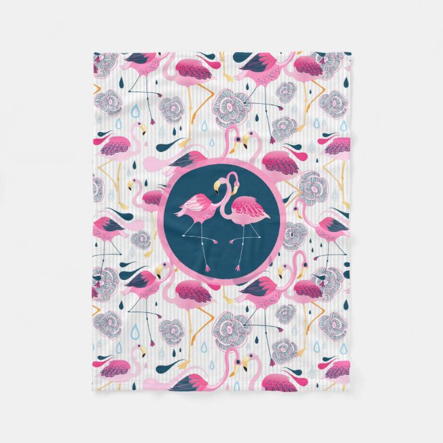 Stylised Tropical Flowers & Pink Flamingos Pattern Fleece Blanket (Front)