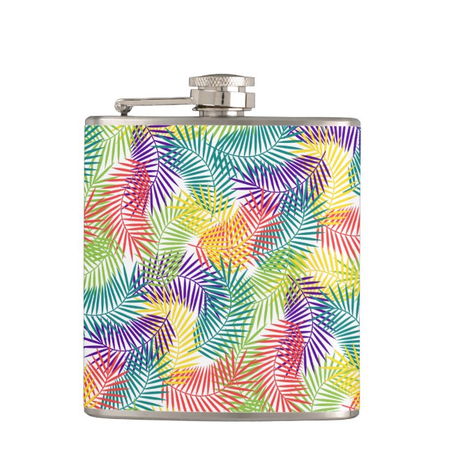 Stylised Tropical Palm Leafs Colourful Pattern Hip Flask (Front)