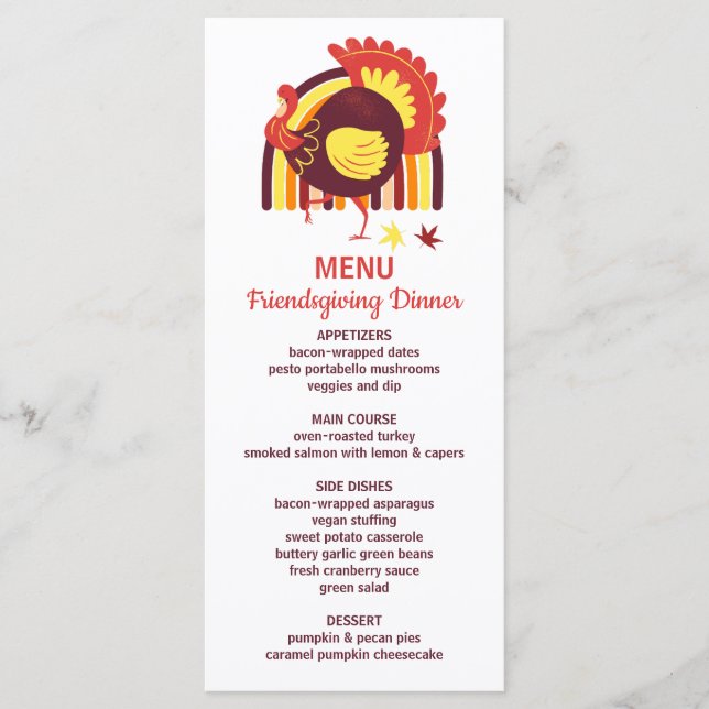 Stylised Turkey Groovy Rainbow Happy Friendsgiving Menu (Front)