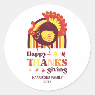 Stylised Turkey Groovy Rainbow Happy Thanksgiving Classic Round Sticker