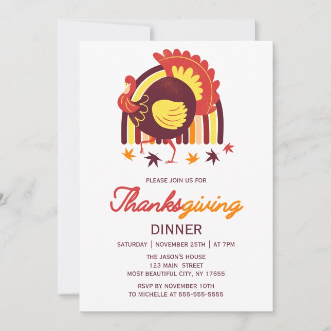 Stylised Turkey Groovy Rainbow Thanksgiving Dinner Invitation (Front)