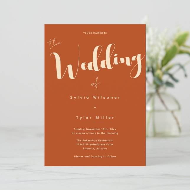 Stylised Typography Burnt Orange Wedding Invitation (Standing Front)