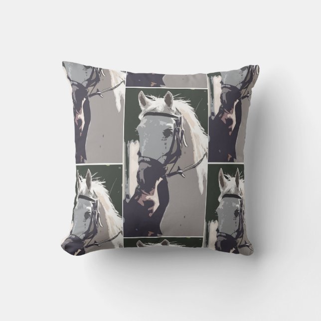 Stylised White Horse Head Pattern Cushion (Front)