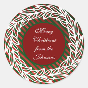 Stylised White Wreath on Red and Green Stripes Classic Round Sticker