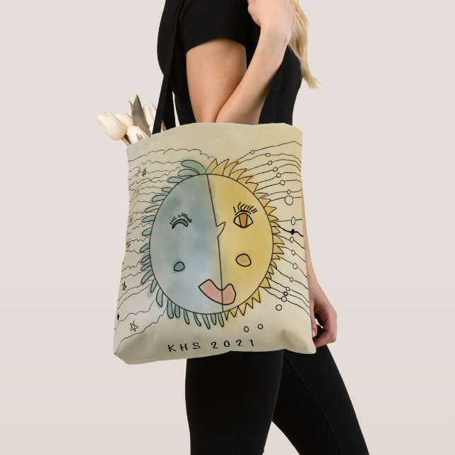 Stylised winking Sun and Moon plus Stars Tote Bag (Close Up)