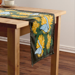 Stylised Yellow Dandelion Butterflies Brown Short Table Runner