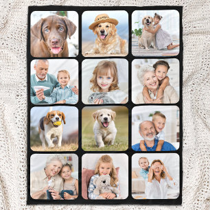 Stylish 12 Photo Collage Personalised Black Fleece Blanket