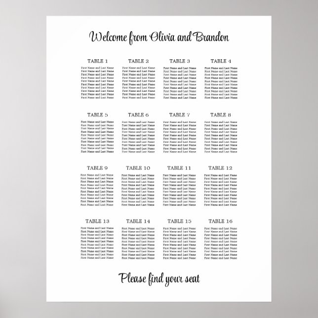 Stylish 16 Table Wedding Seating Chart Poster (Front)