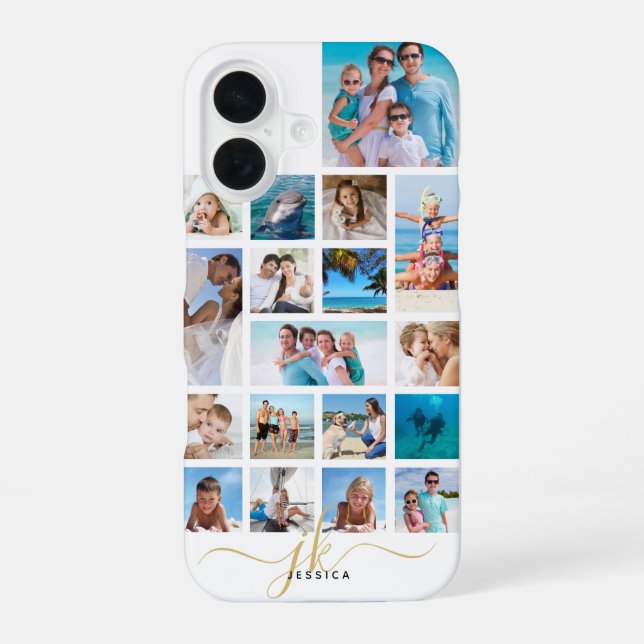 Stylish 18 Photo Collage Script Monogram Name iPhone 16 Case (Back)