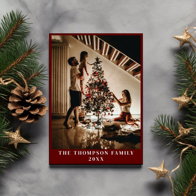 Stylish 2024 Family Photo Minimalist Dark Red Holiday Card (Creator Uploaded)