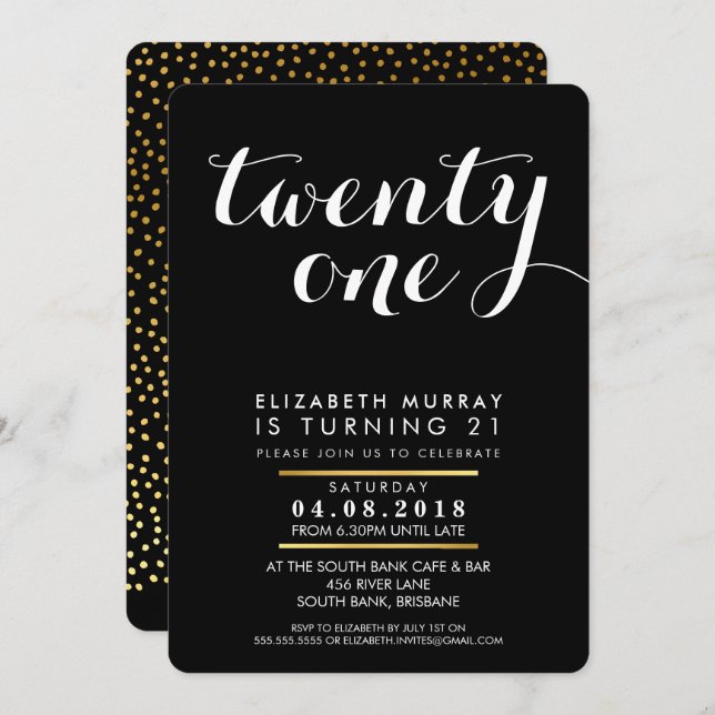 STYLISH 21st birthday party INVITE gold white type (Front/Back)