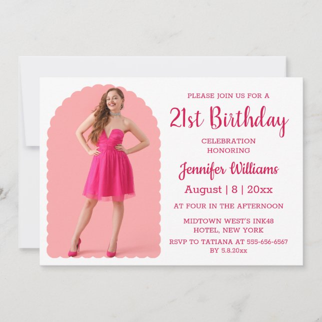 stylish 21st birthday pink script minimalist photo invitation (Front)