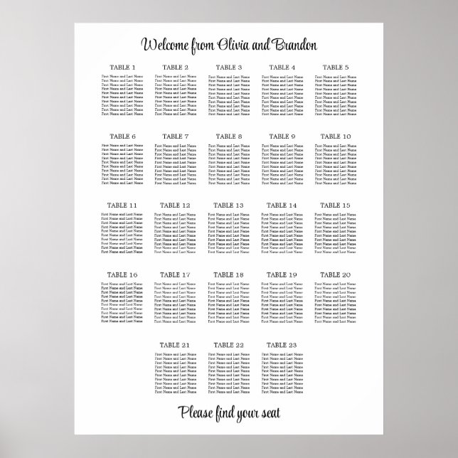 Stylish 23 Table Wedding Seating Chart Poster (Front)