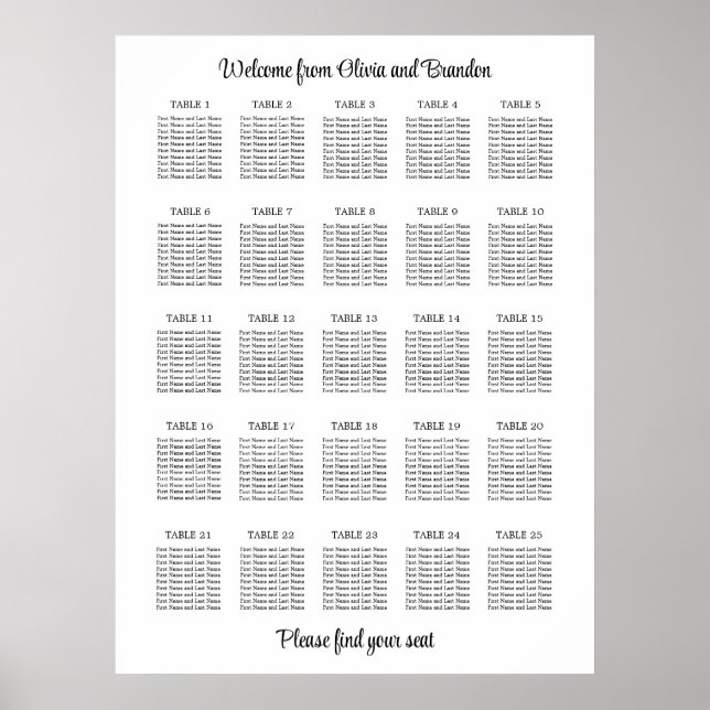 Stylish 25 Table Wedding Seating Chart Poster (Front)