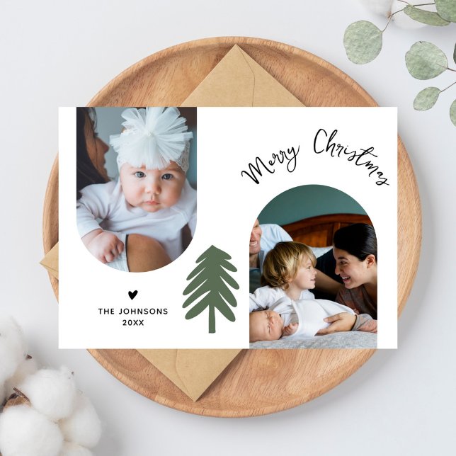 Stylish 2 Photo Arch Pine Minimalist Christmas  Holiday Card (Creator Uploaded)