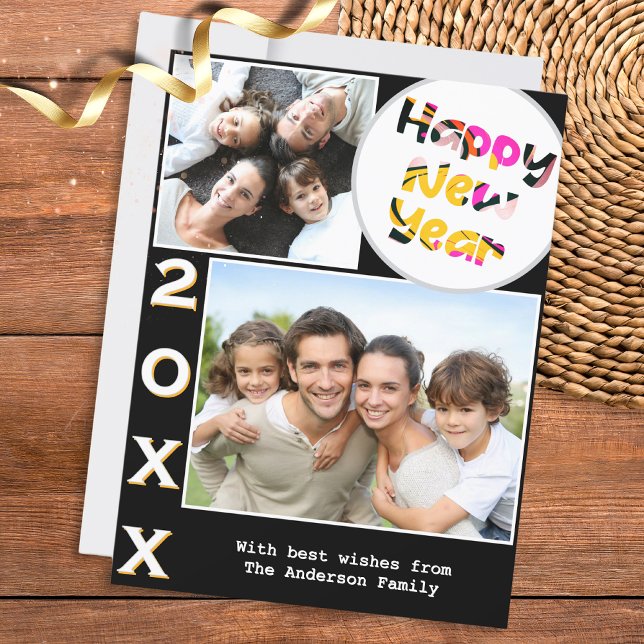 Stylish 2 Photos Personalised Happy New Year Holiday Card (A stylish card with 'Happy New Year' greeting, to personalize with 2 photos, year number and name(s))
